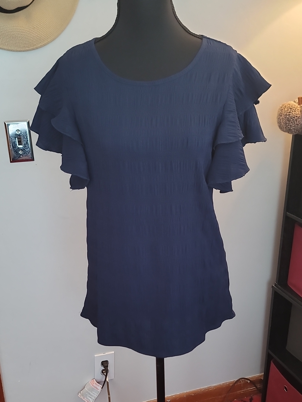 Shein Women's Nav Crepe Ruffle Sleeve Blouse size